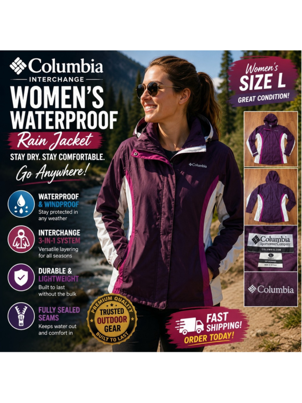 Columbia Interchange Women's L Waterproof Hooded Rain Jacket Purple White Size L